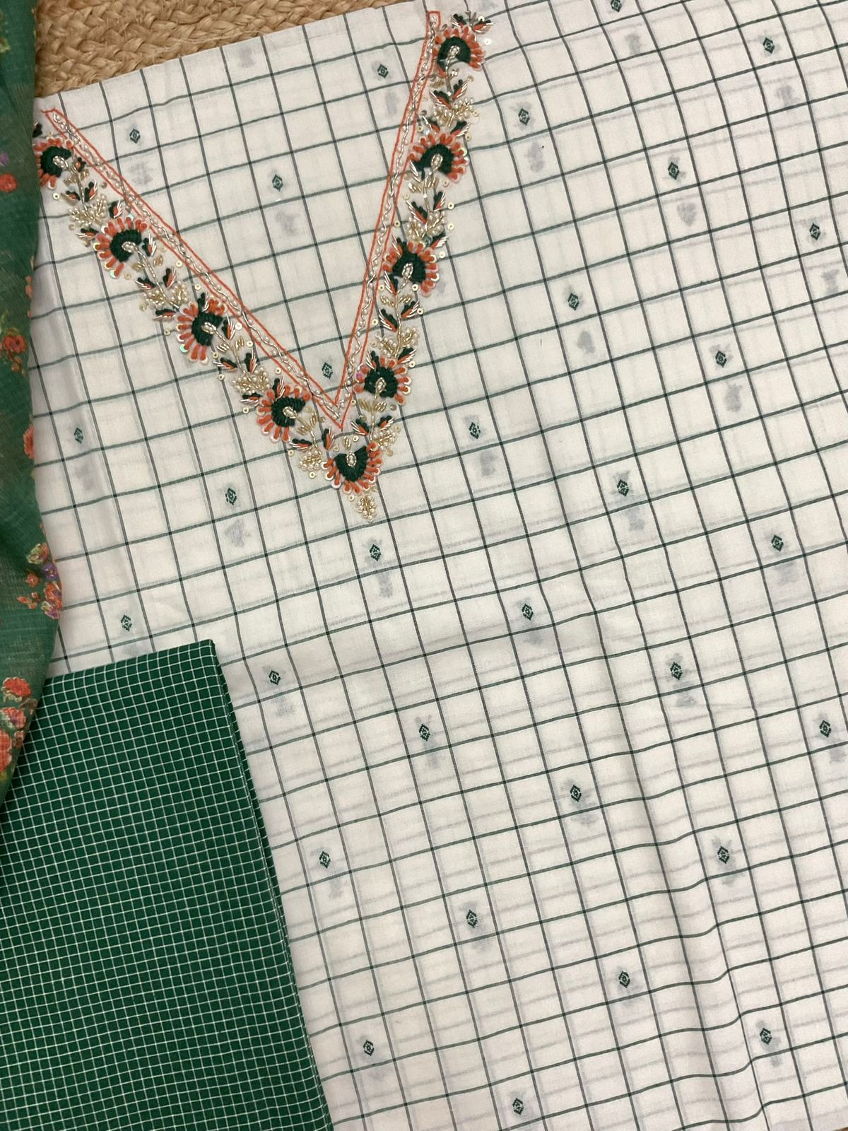 Pure Handloom Cotton Self Weaved Printed Embroidered Suit - Off White