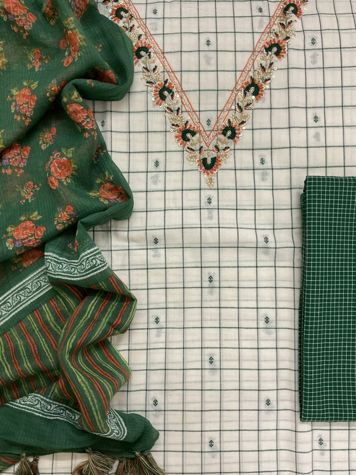 Pure Handloom Cotton Self Weaved Printed Embroidered Suit - Off White