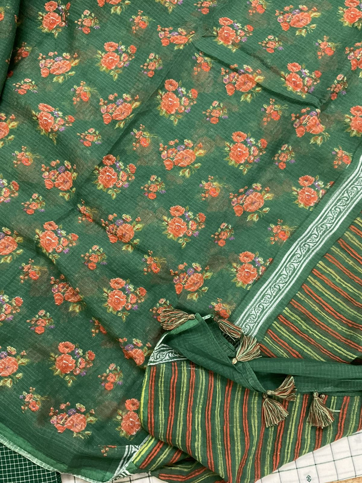 Pure Handloom Cotton Self Weaved Printed Embroidered Suit - Off White