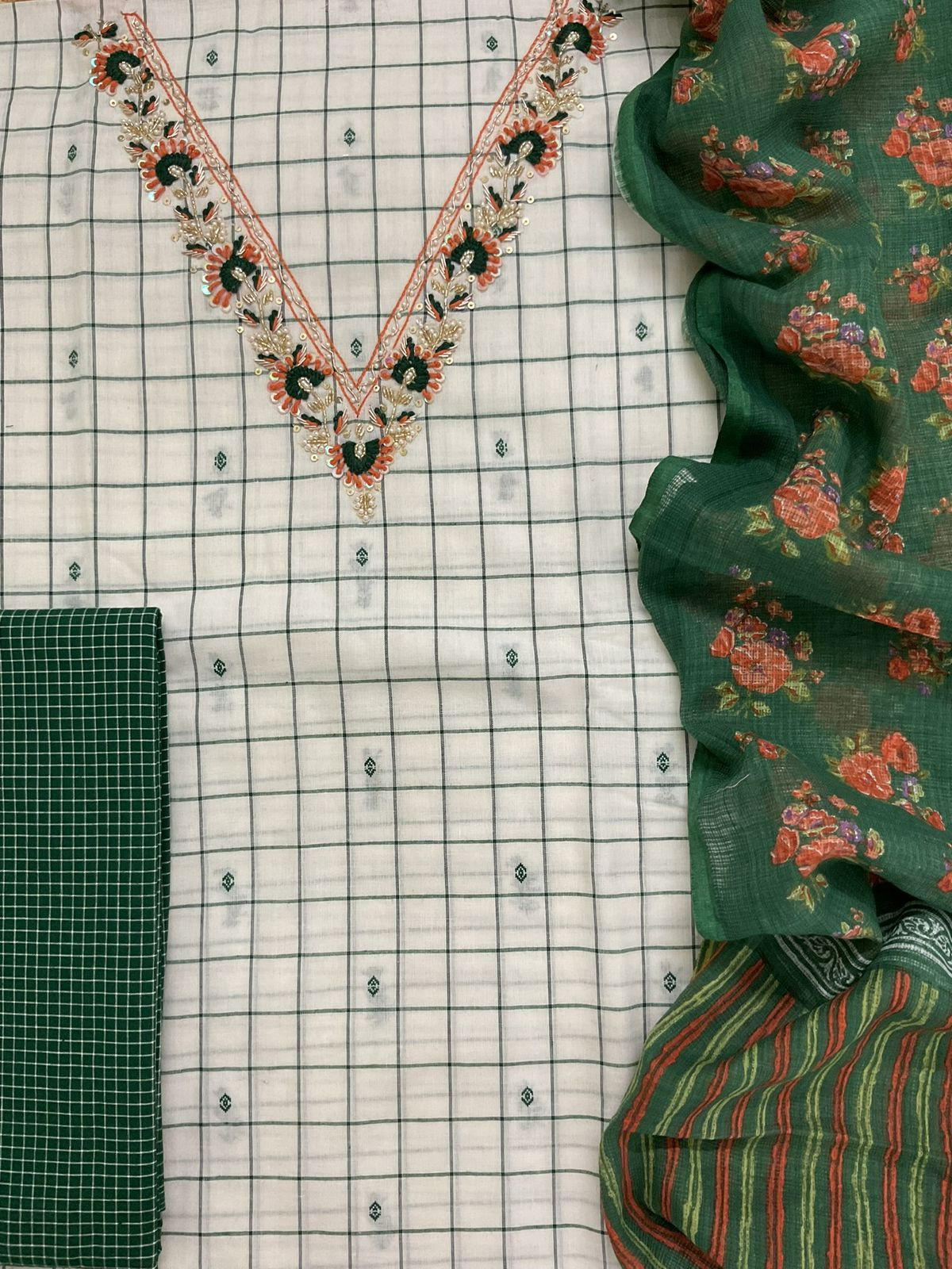 Pure Handloom Cotton Self Weaved Printed Embroidered Suit - Off White