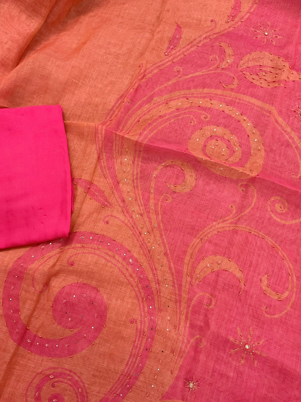 Soft Tissue Slub Cotton Printed Embroidered Suit - Pink