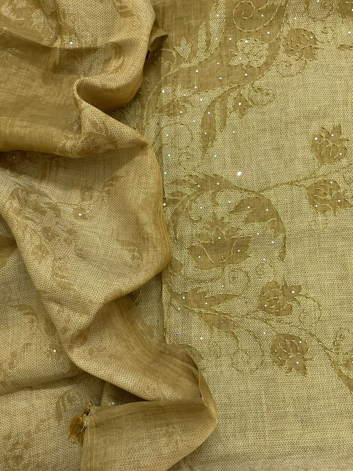 Soft Tissue Slub Cotton Printed Embroidered Suit - Mustard