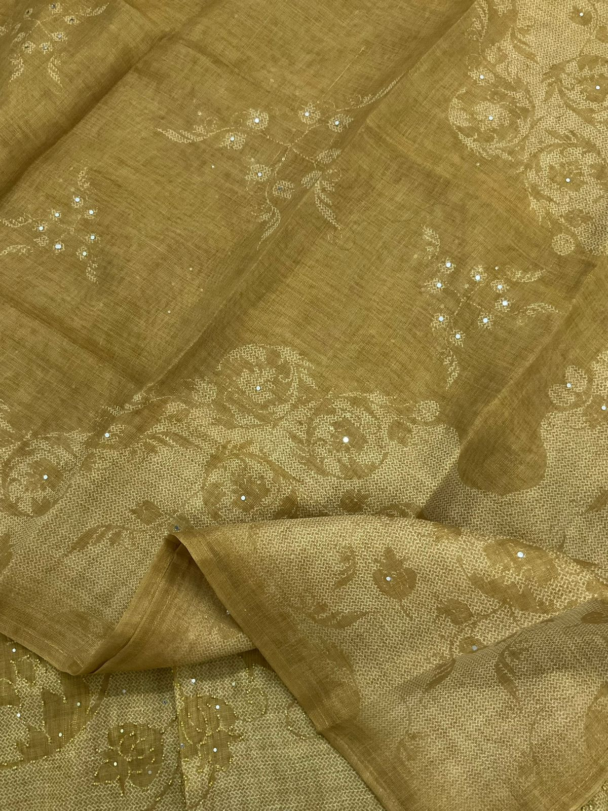 Soft Tissue Slub Cotton Printed Embroidered Suit - Mustard