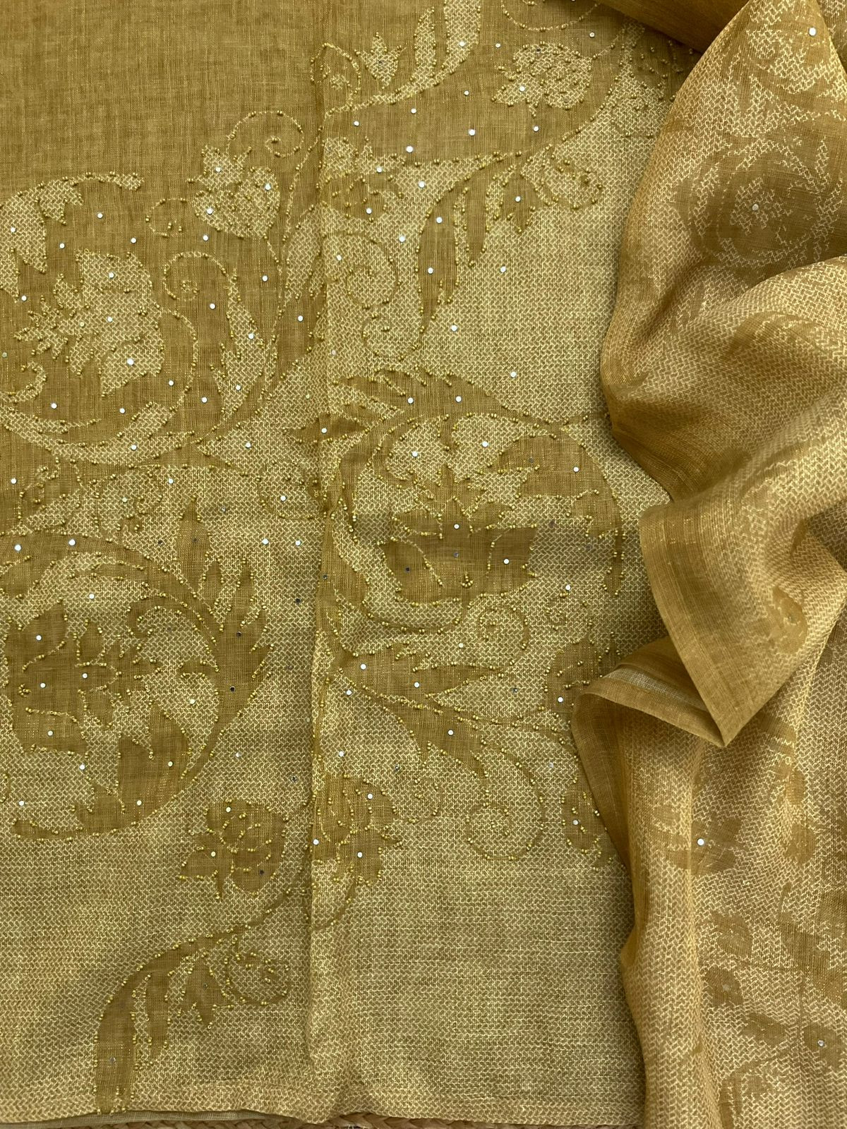 Soft Tissue Slub Cotton Printed Embroidered Suit - Mustard