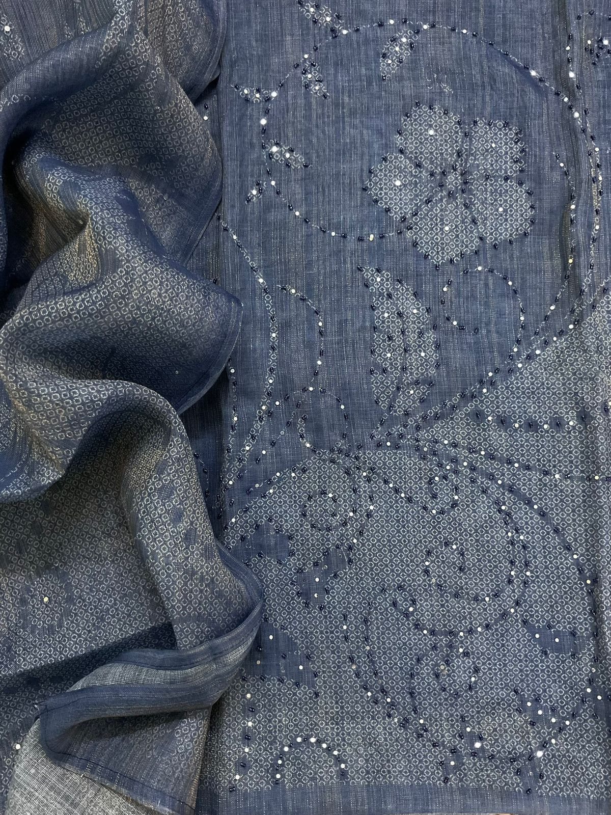 Soft Tissue Slub Cotton Printed Embroidered Suit - Blue