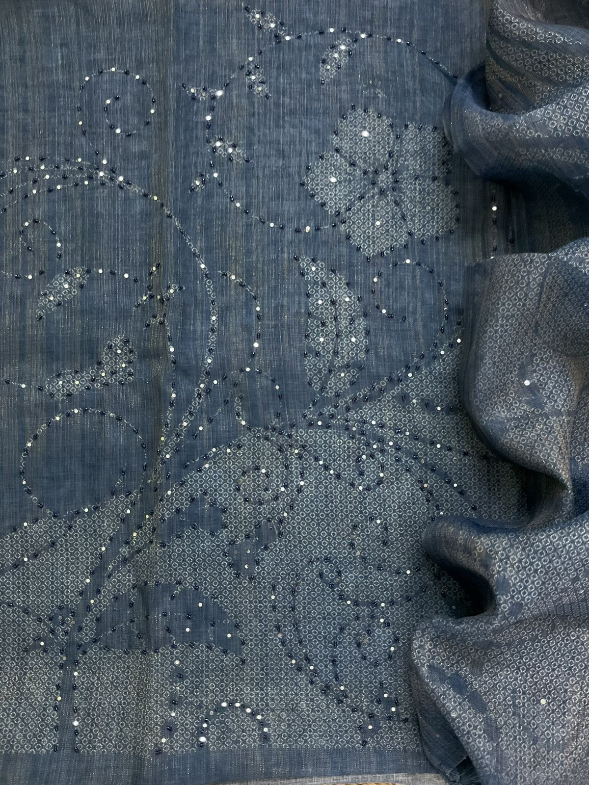 Soft Tissue Slub Cotton Printed Embroidered Suit - Blue