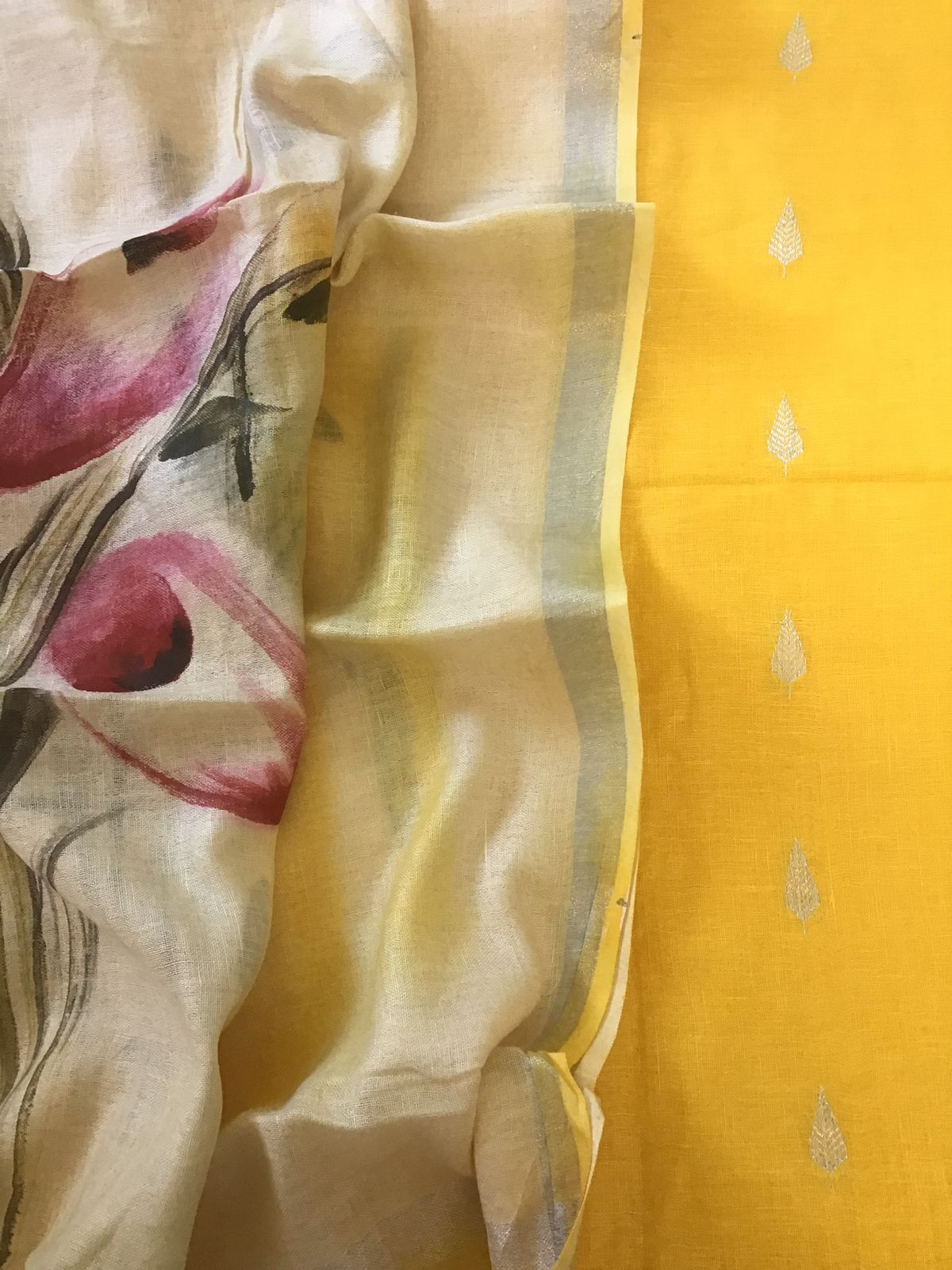 Pure Linen Jute Cotton Self Weaved Brush Painted Suit - Yellow