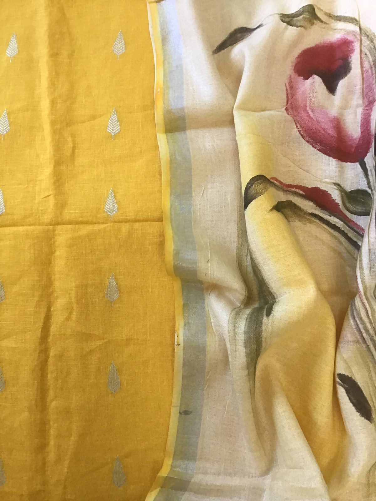 Pure Linen Jute Cotton Self Weaved Brush Painted Suit - Yellow