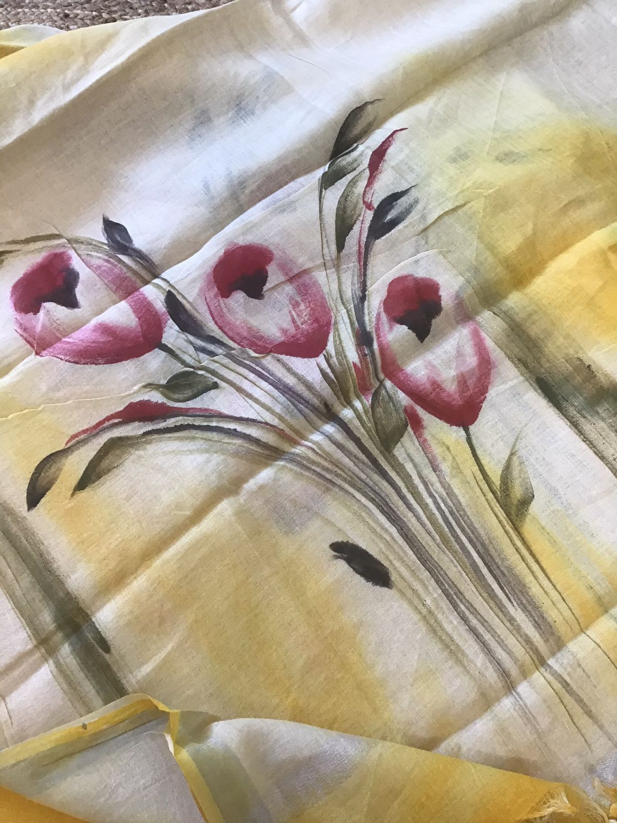 Pure Linen Jute Cotton Self Weaved Brush Painted Suit - Yellow
