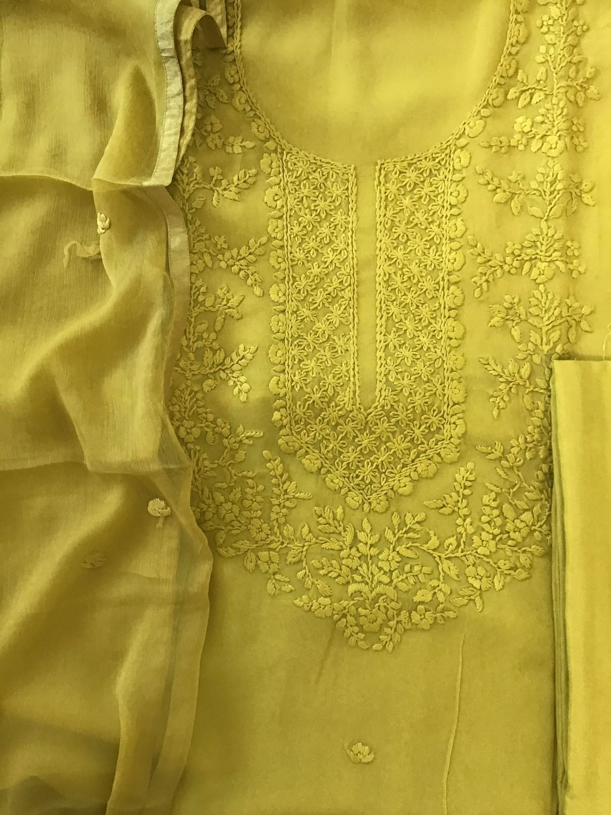 Pure Georgette Embroidered Suit - Greenish Yellow