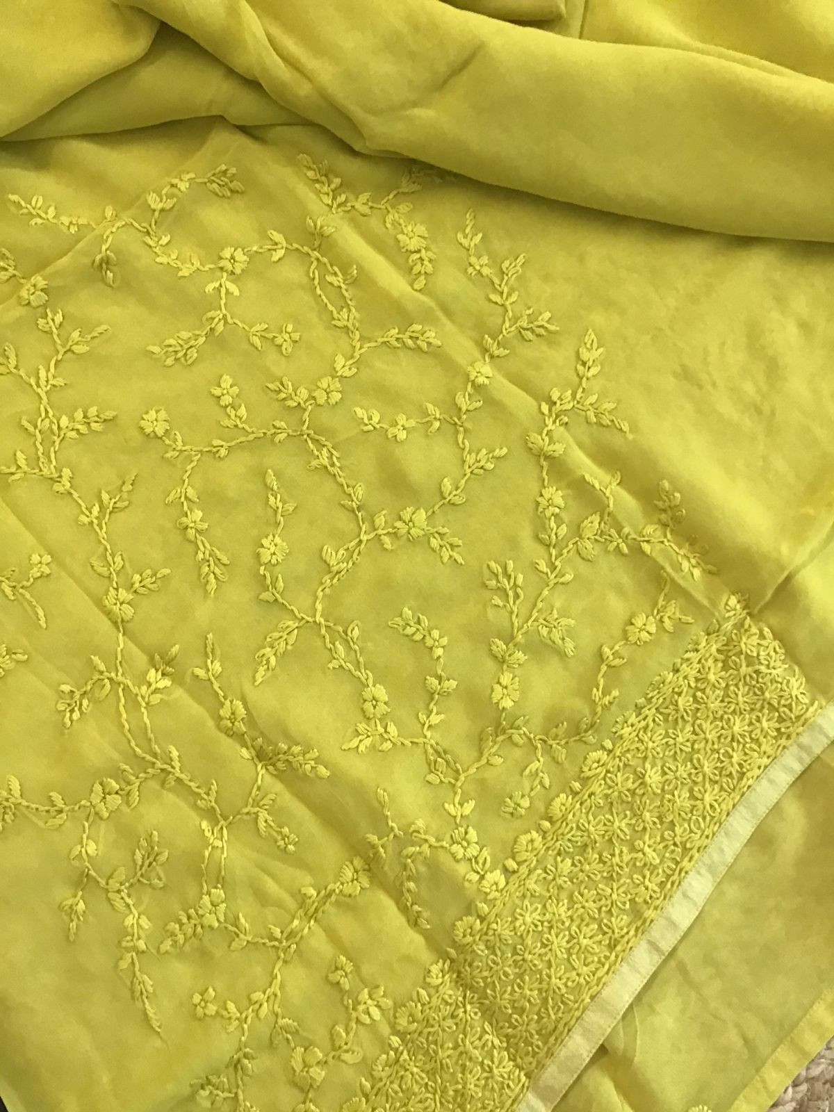 Pure Georgette Embroidered Suit - Greenish Yellow