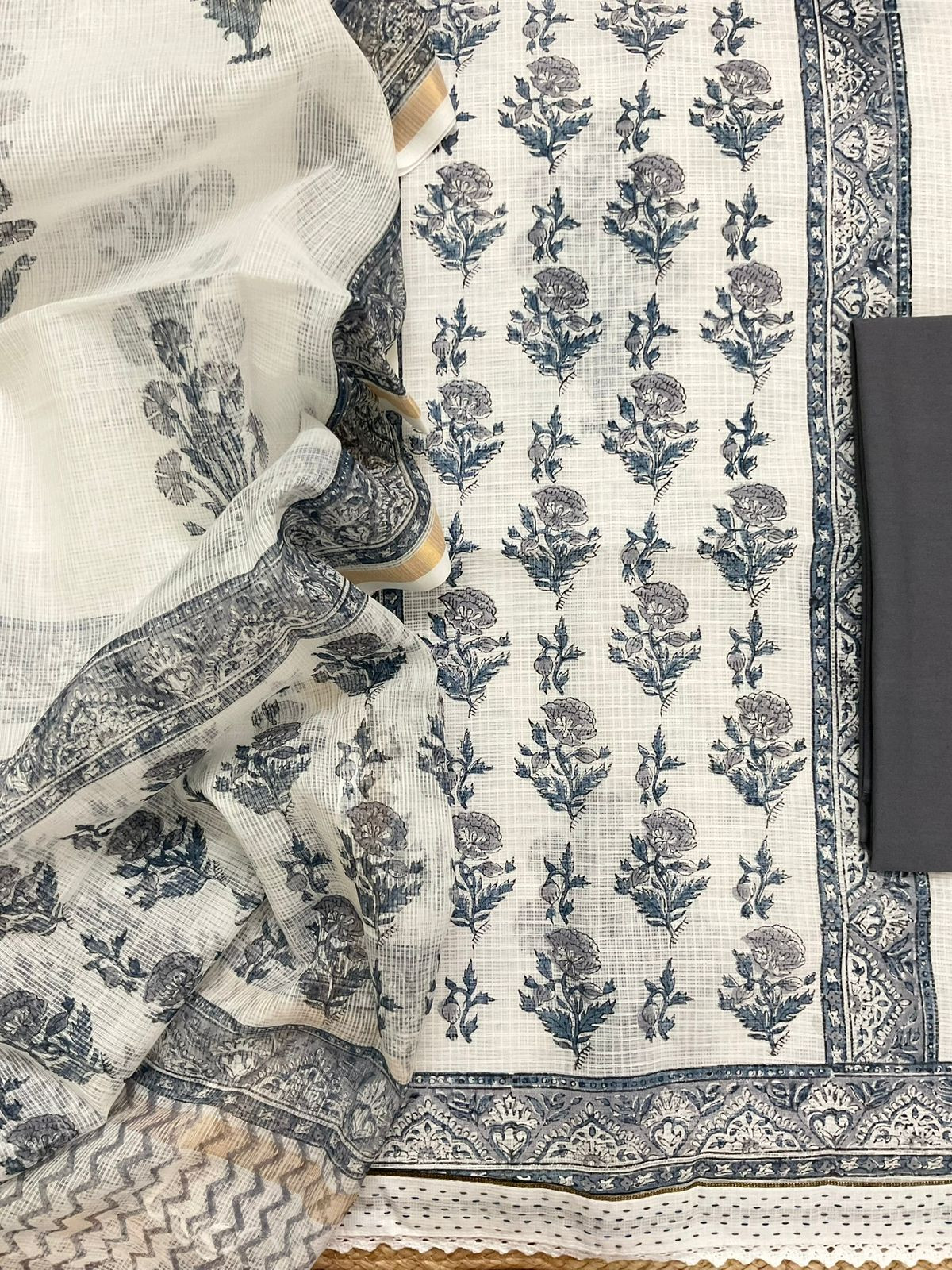 Soft Kota Cotton Printed Suit - White