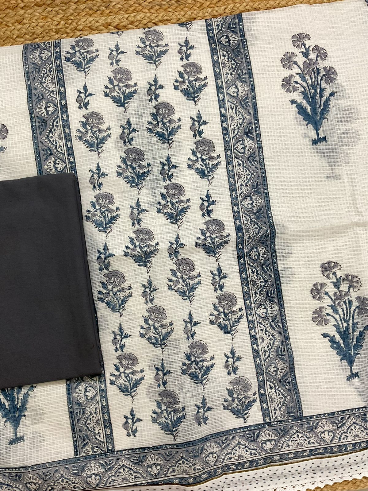 Soft Kota Cotton Printed Suit - White