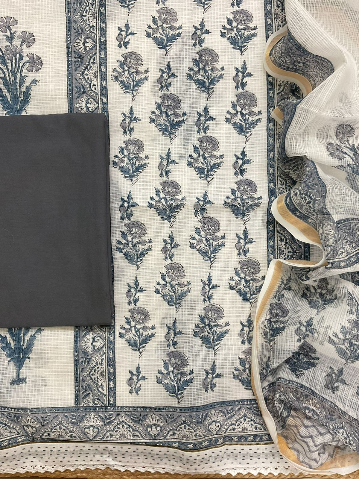 Soft Kota Cotton Printed Suit - White