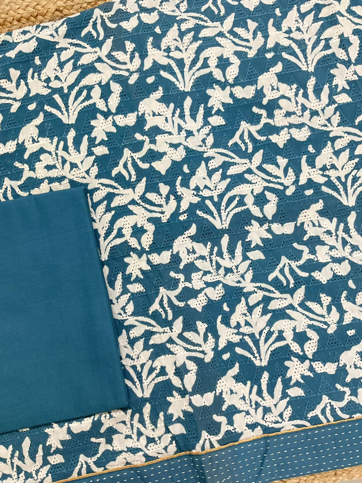 Pure Hakoba Cotton Printed Embroidered Suit - Blue