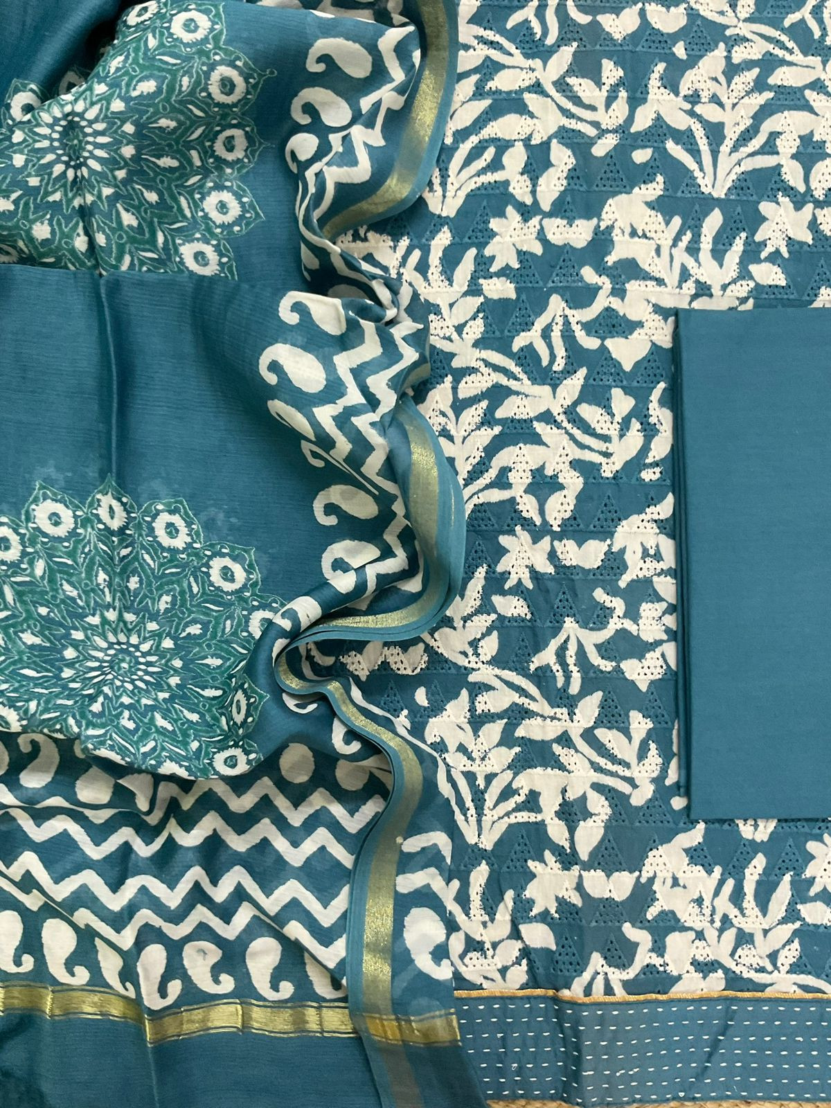 Pure Hakoba Cotton Printed Embroidered Suit - Blue