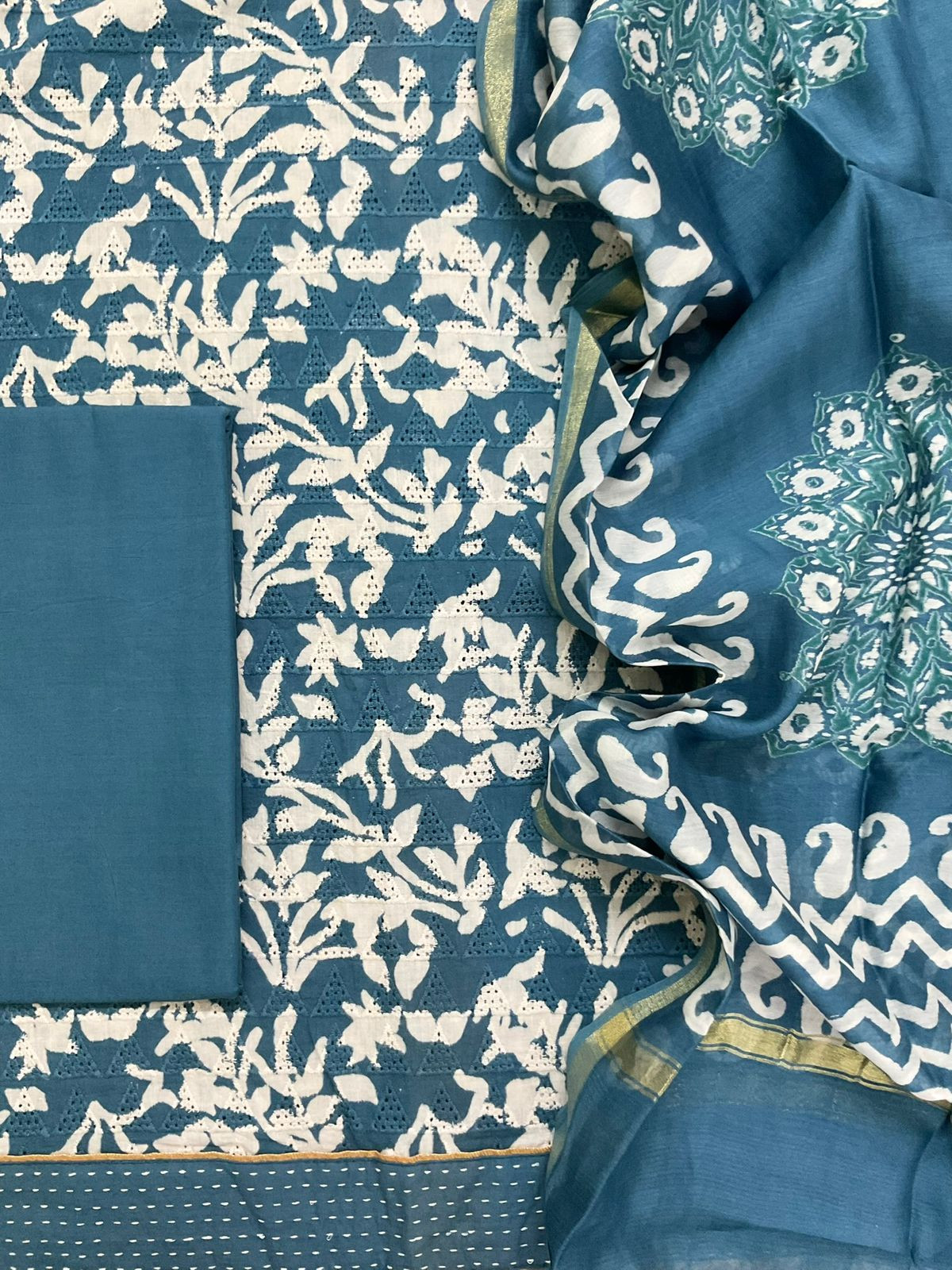 Pure Hakoba Cotton Printed Embroidered Suit - Blue