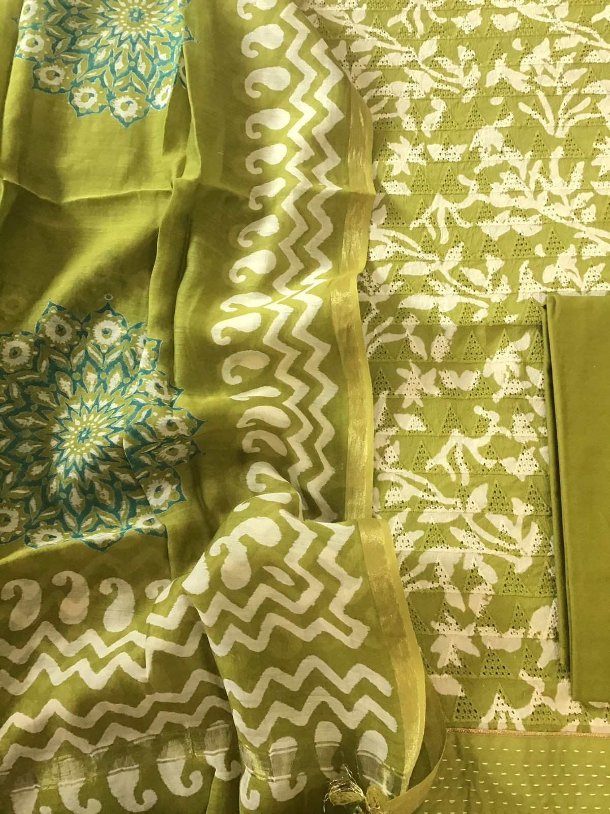 Pure Hakoba Cotton Printed Embroidered Suit - Green