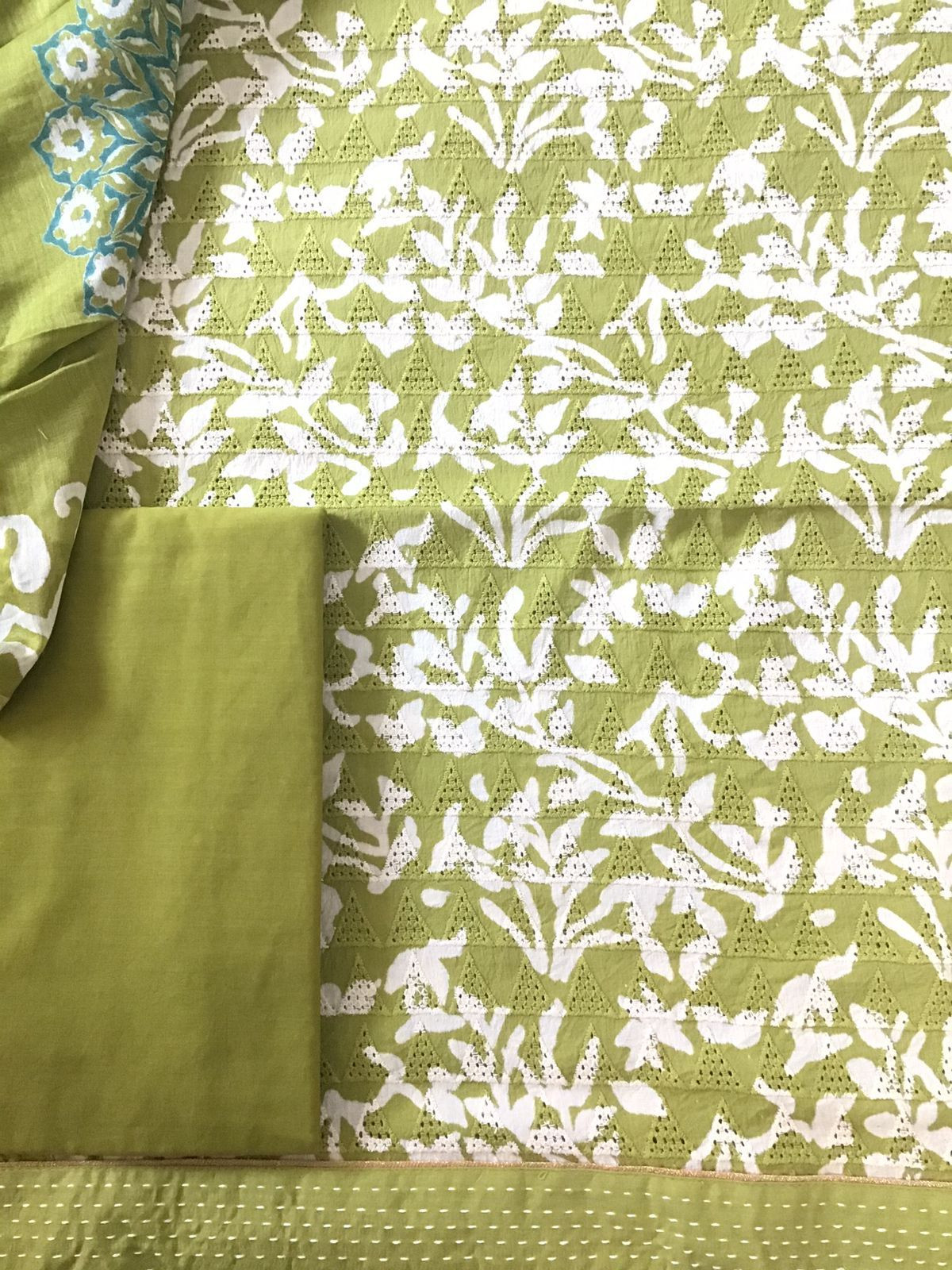 Pure Hakoba Cotton Printed Embroidered Suit - Green