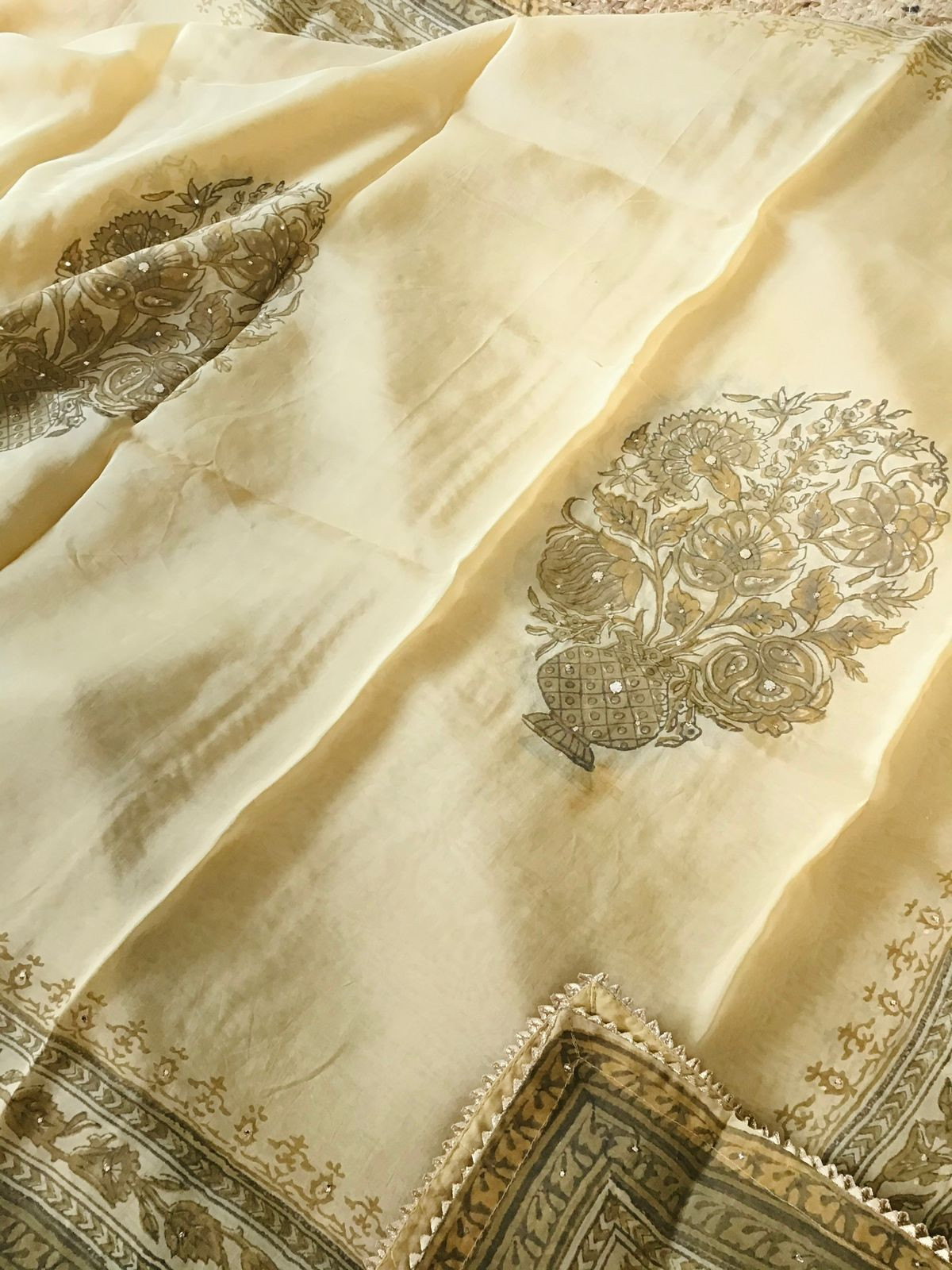 Pure Organza Printed Embroidered Suit - Beige