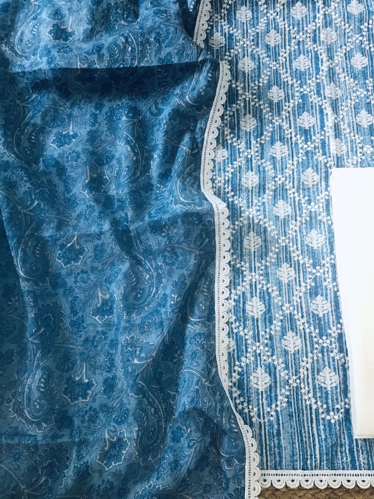 Pure Mul Cotton Printed Embroidered Suit - Blue