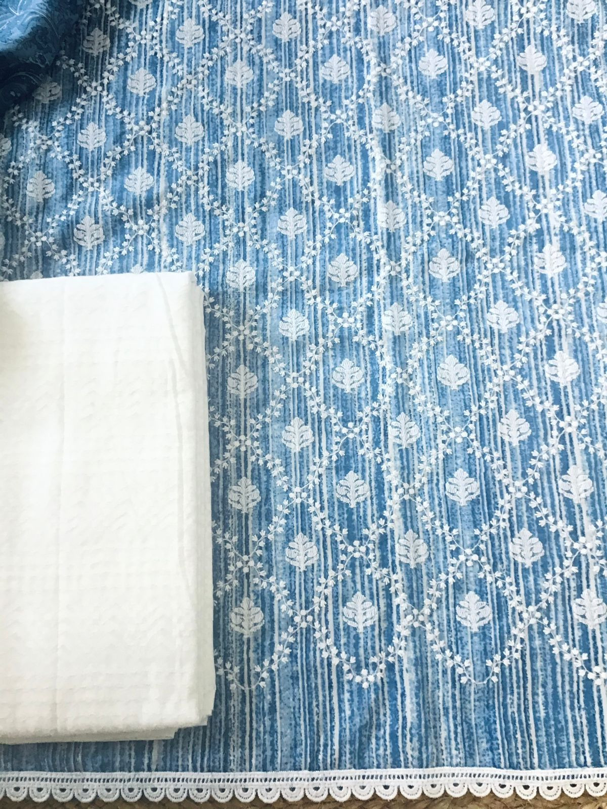 Pure Mul Cotton Printed Embroidered Suit - Blue