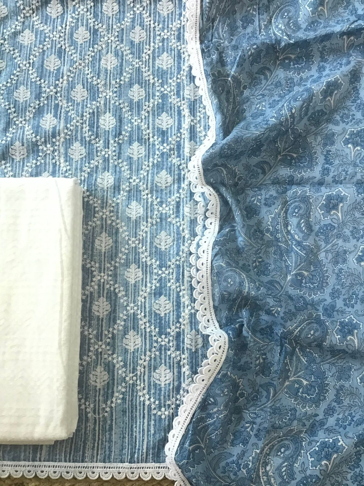 Pure Mul Cotton Printed Embroidered Suit - Blue