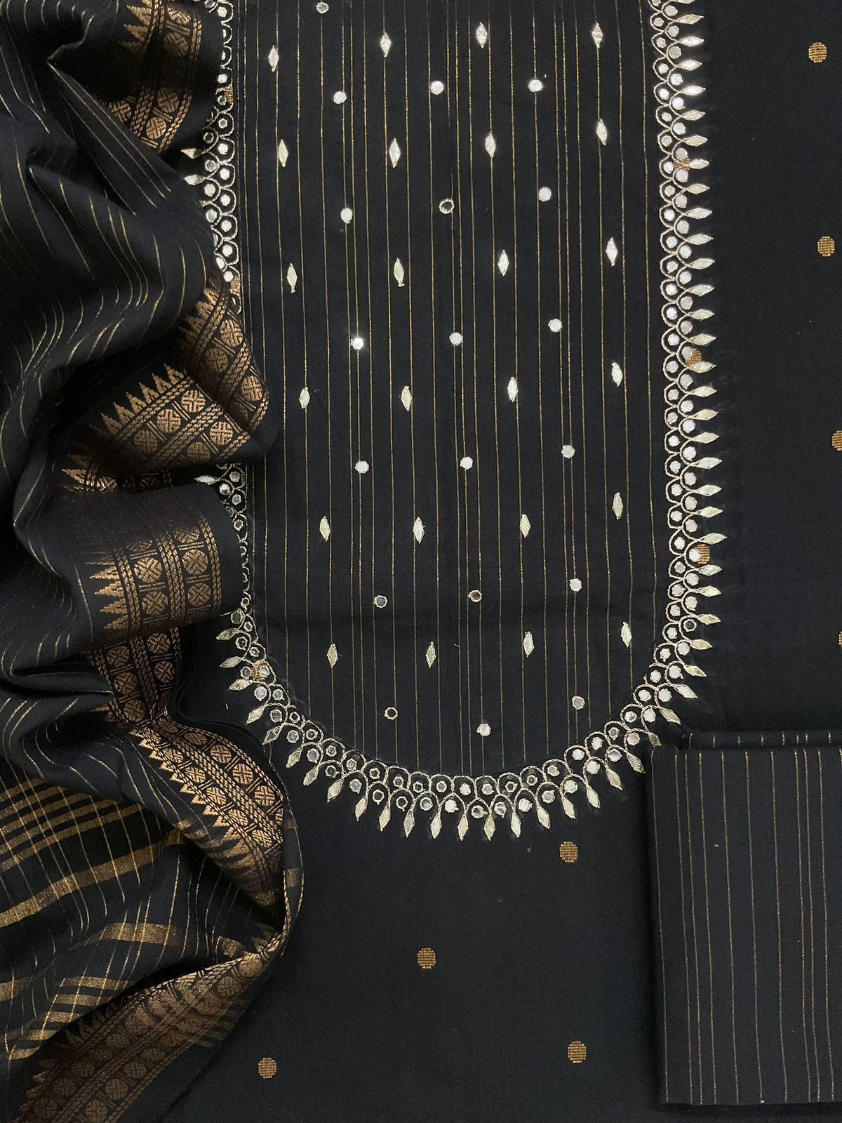 Pure Handloom Cotton Self Weaved Embroidered Suit - Black