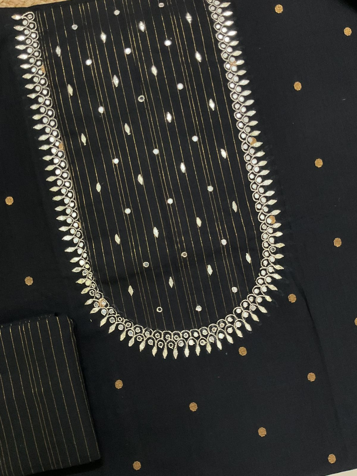 Pure Handloom Cotton Self Weaved Embroidered Suit - Black