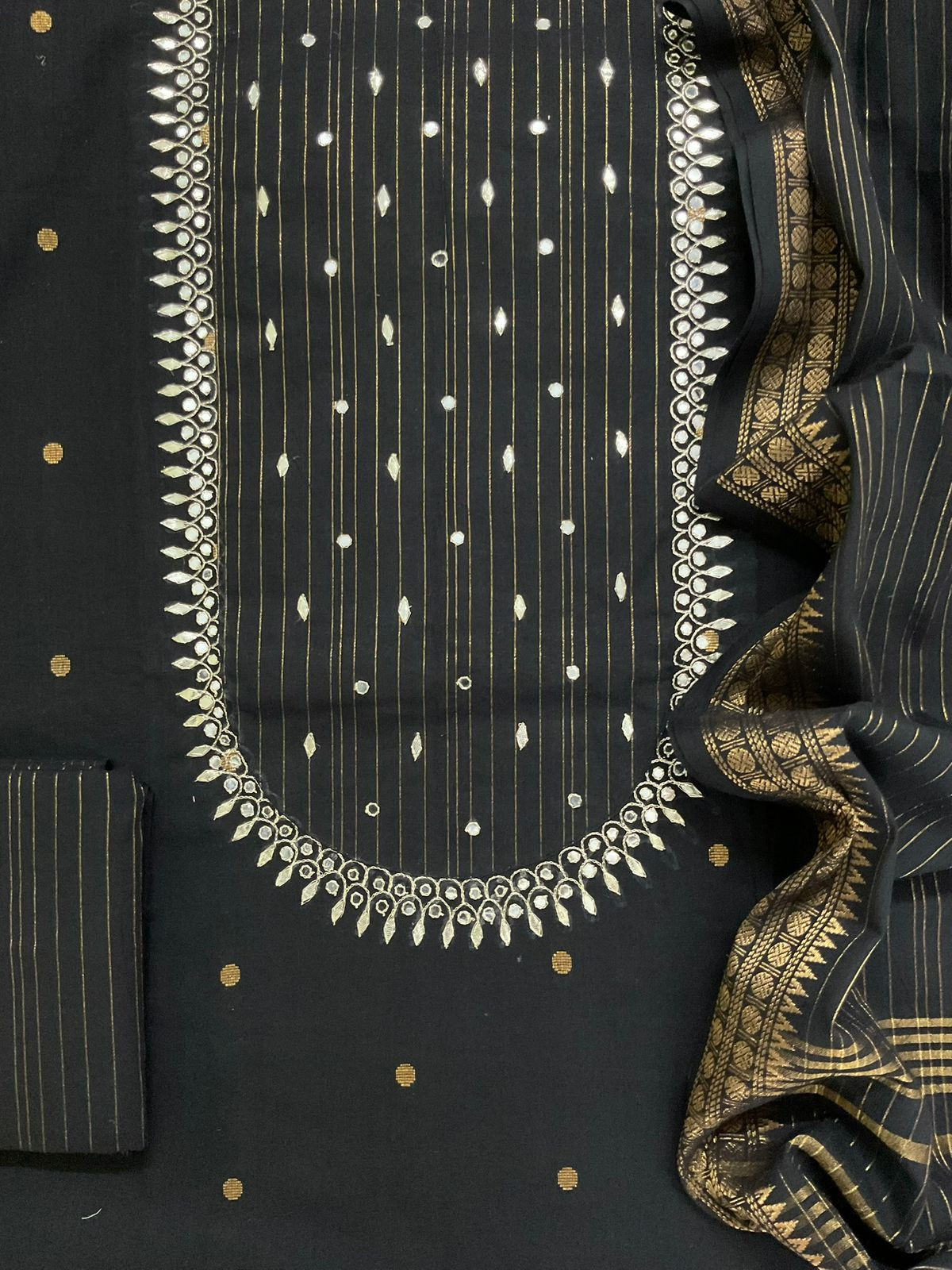 Pure Handloom Cotton Self Weaved Embroidered Suit - Black