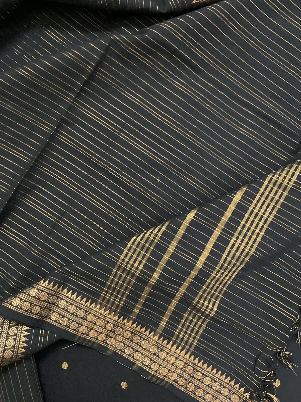 Pure Handloom Cotton Self Weaved Embroidered Suit - Black