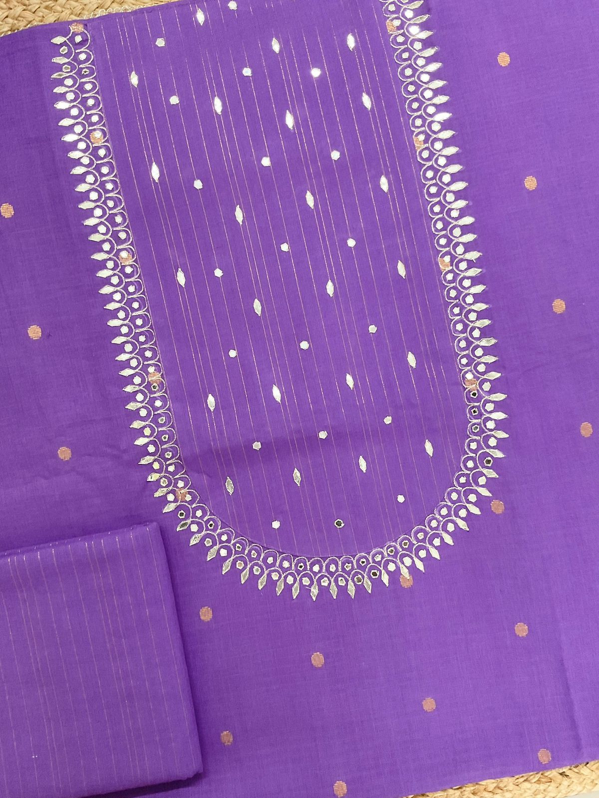 Pure Handloom Cotton Self Weaved Embroidered Suit - Dark Lavender