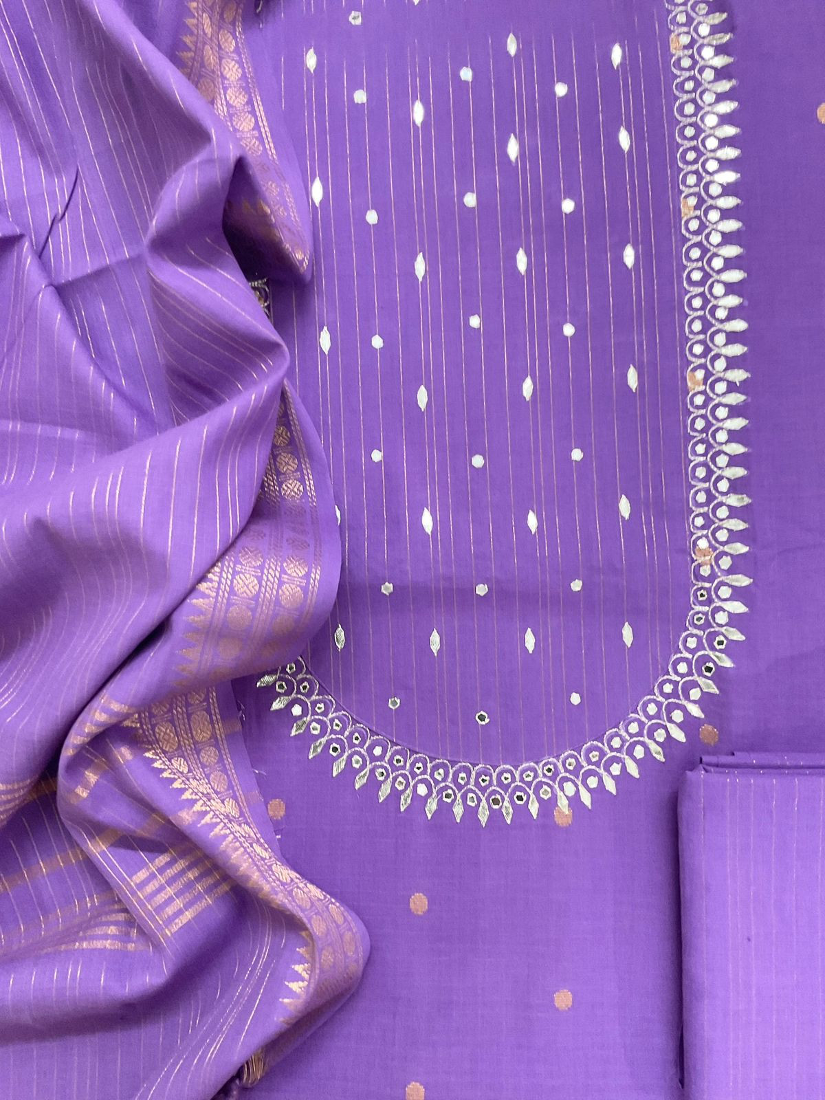 Pure Handloom Cotton Self Weaved Embroidered Suit - Dark Lavender
