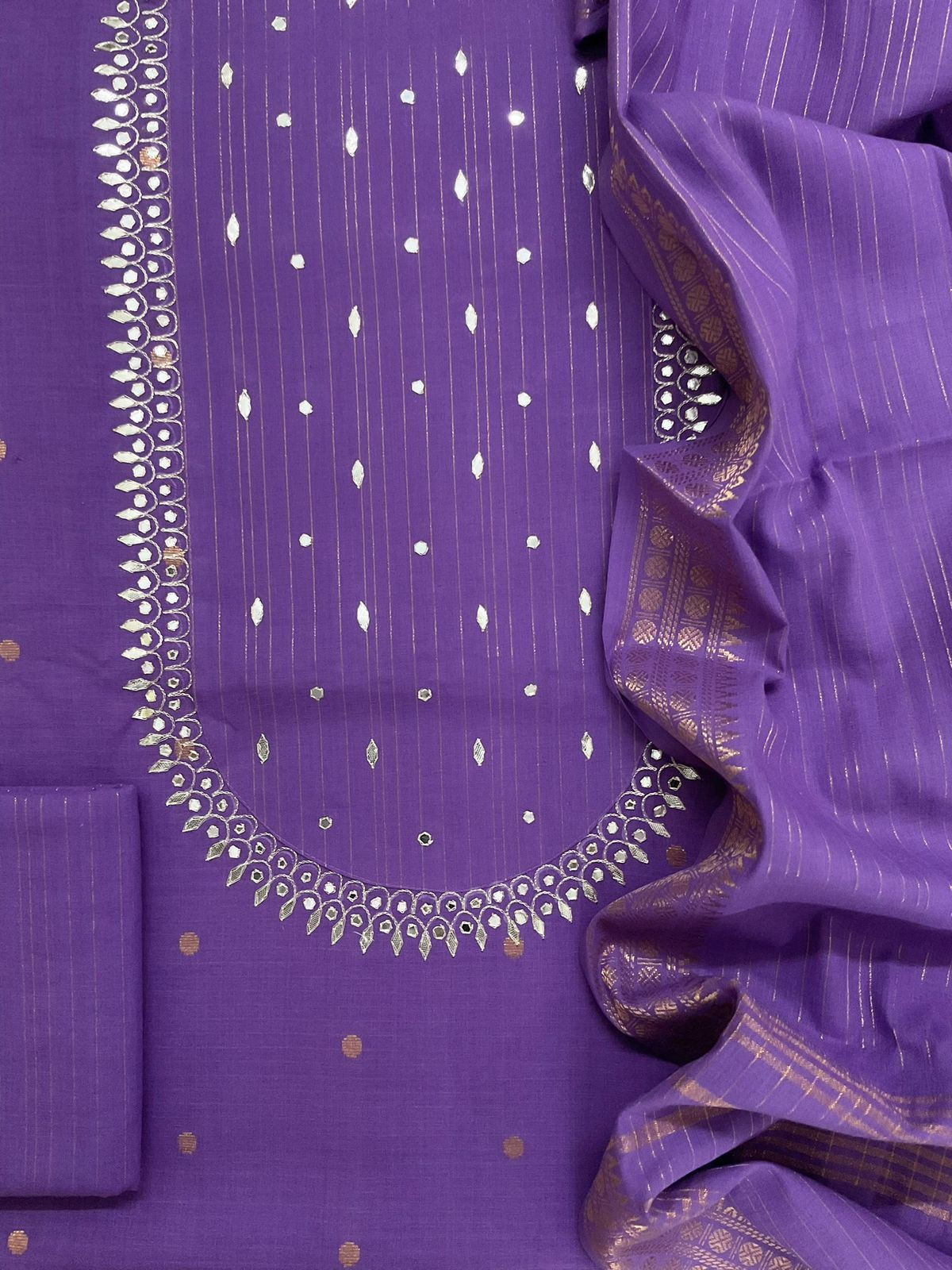 Pure Handloom Cotton Self Weaved Embroidered Suit - Dark Lavender