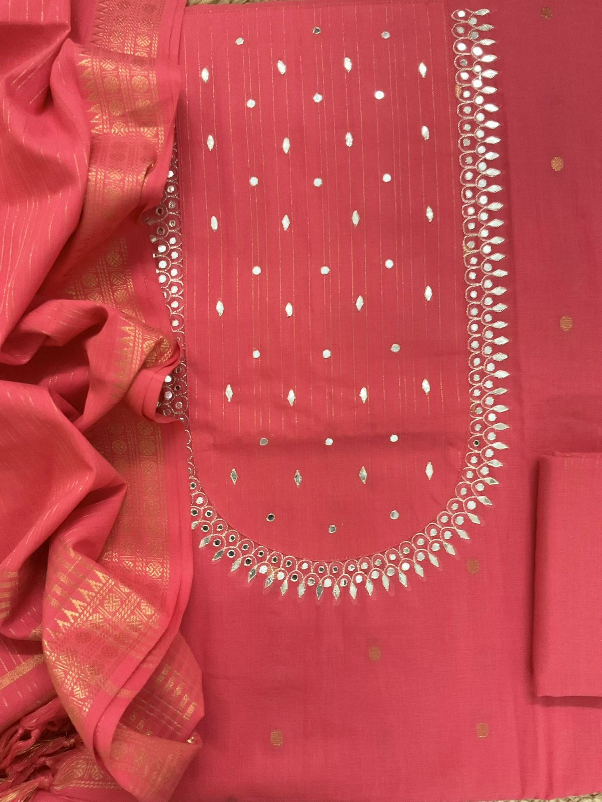 Pure Handloom Cotton Self Weaved Embroidered Suit - Peach