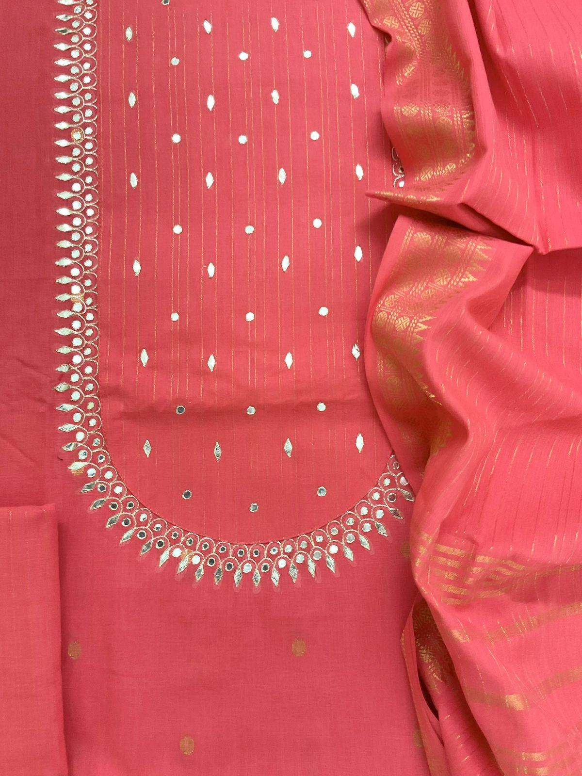 Pure Handloom Cotton Self Weaved Embroidered Suit - Peach