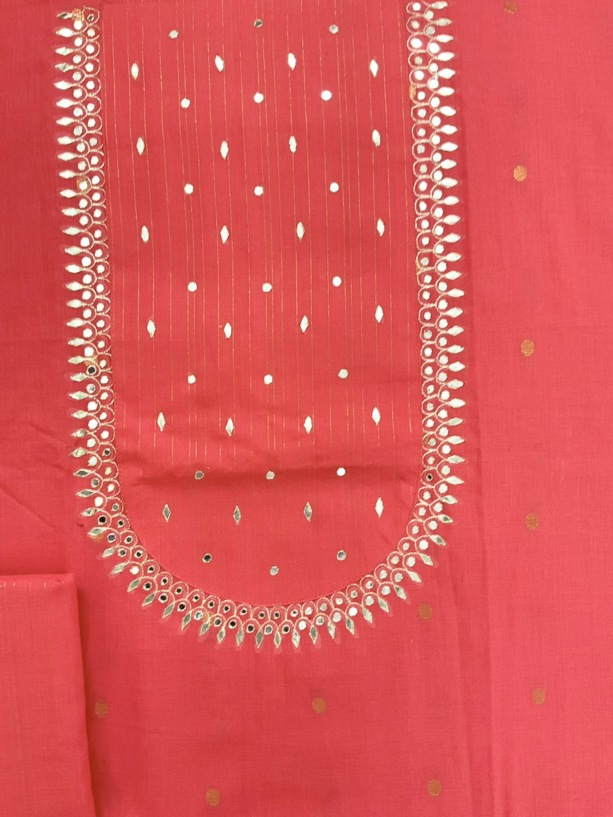 Pure Handloom Cotton Self Weaved Embroidered Suit - Peach