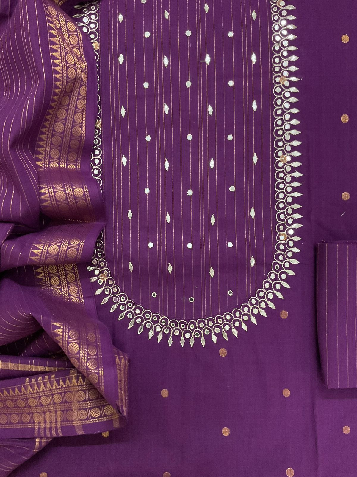 Pure Handloom Cotton Self Weaved Embroidered Suit - Purple