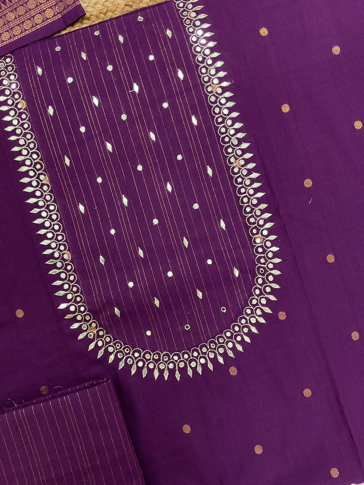 Pure Handloom Cotton Self Weaved Embroidered Suit - Purple