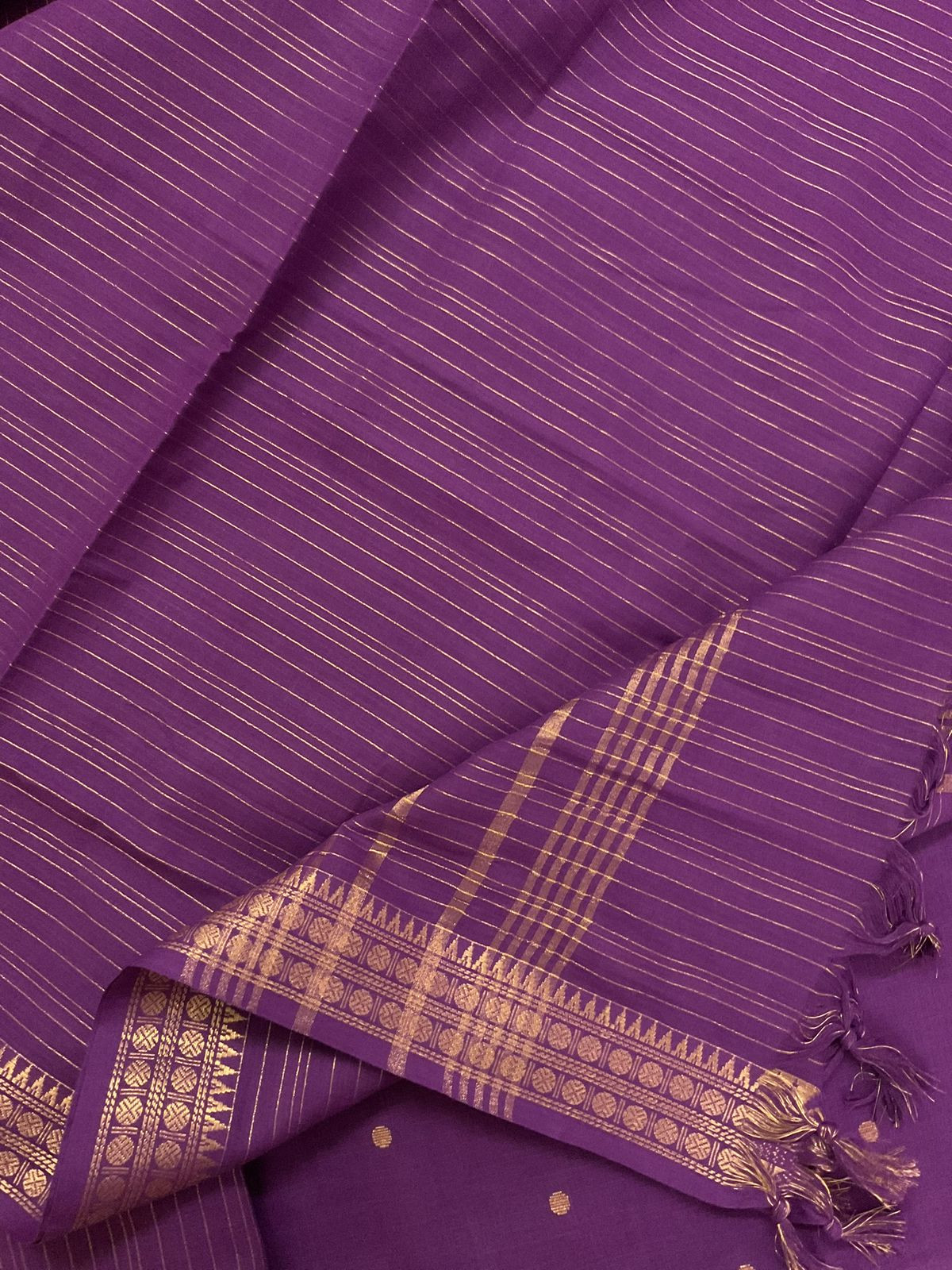 Pure Handloom Cotton Self Weaved Embroidered Suit - Purple