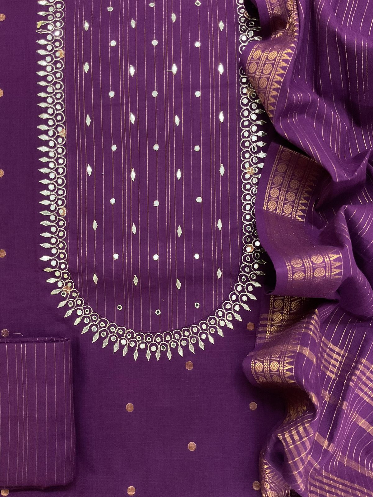 Pure Handloom Cotton Self Weaved Embroidered Suit - Purple