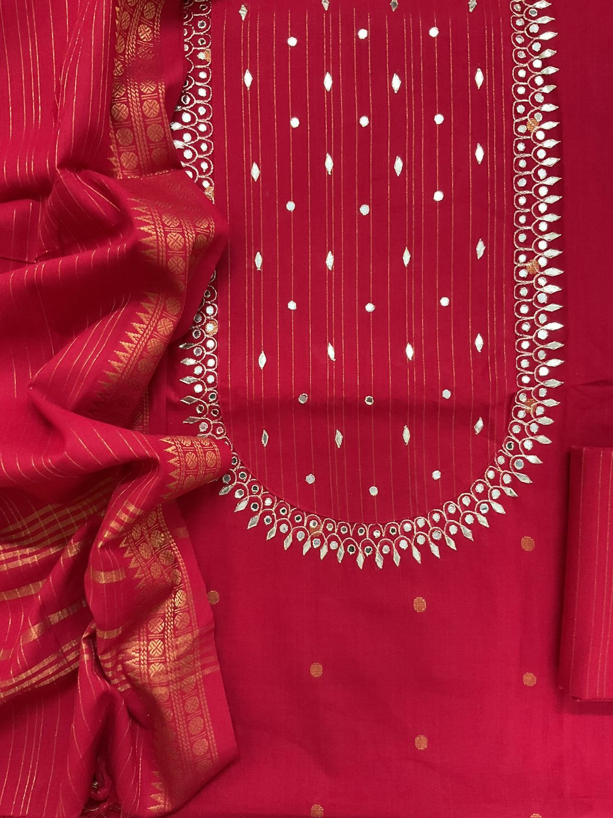 Pure Handloom Cotton Self Weaved Embroidered Suit - Red