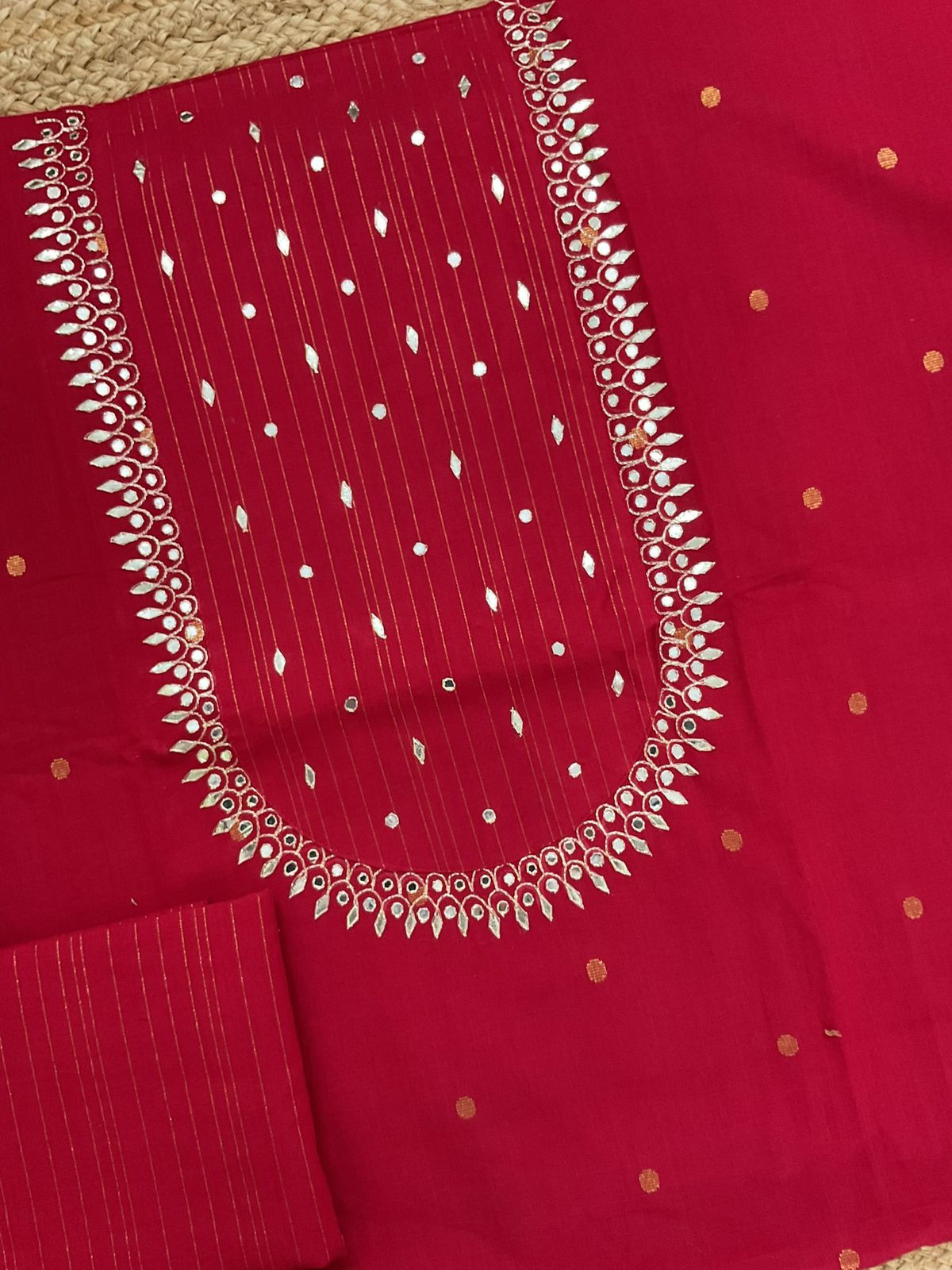 Pure Handloom Cotton Self Weaved Embroidered Suit - Red