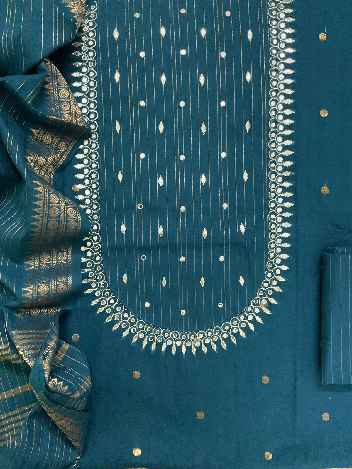 Pure Handloom Cotton Self Weaved Embroidered Suit - Peacock Blue