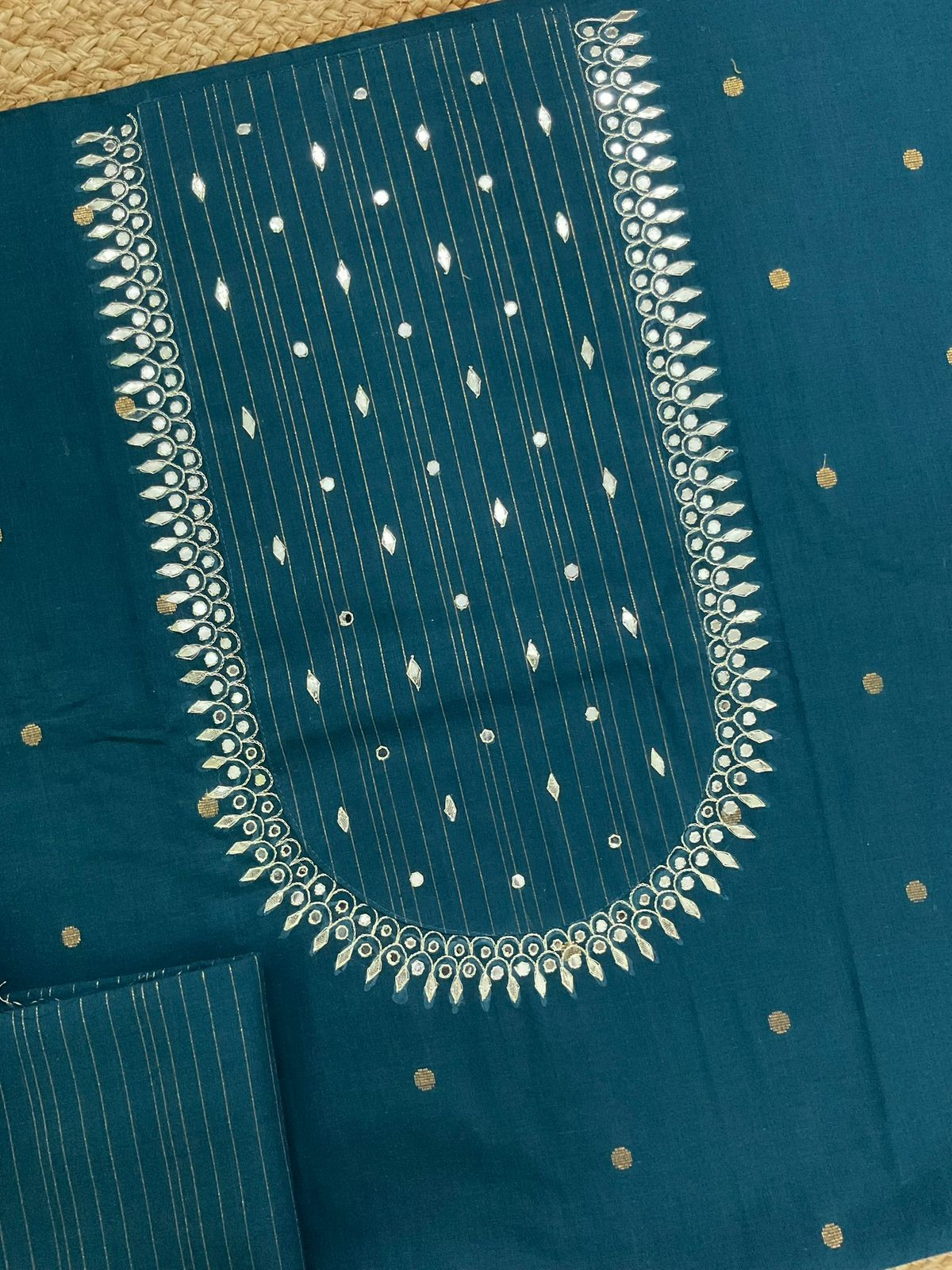 Pure Handloom Cotton Self Weaved Embroidered Suit - Peacock Blue