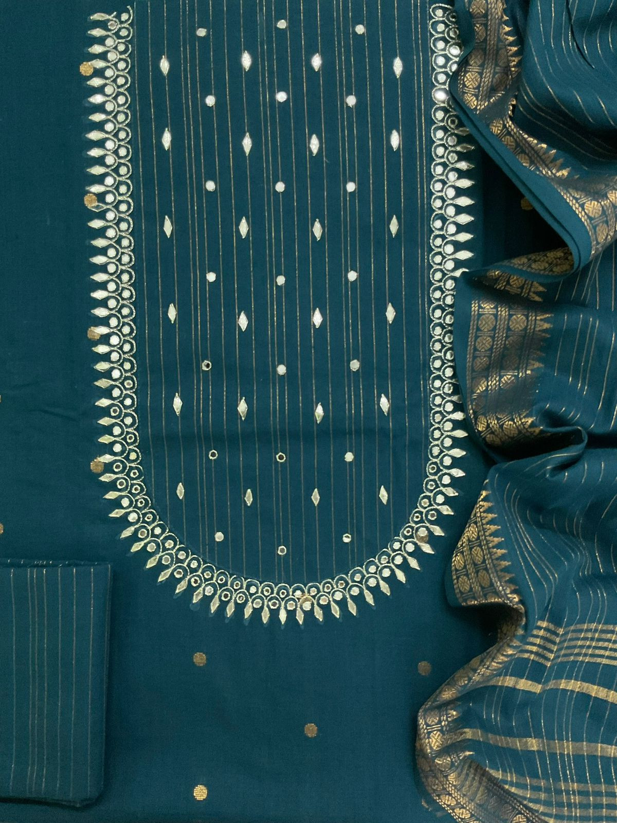 Pure Handloom Cotton Self Weaved Embroidered Suit - Peacock Blue