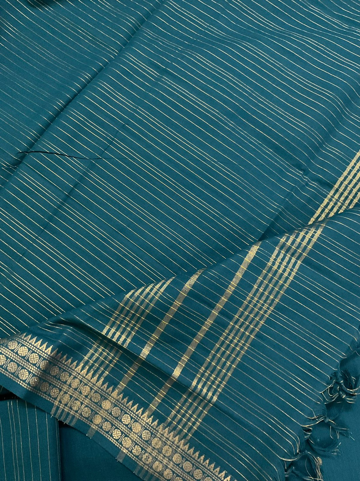 Pure Handloom Cotton Self Weaved Embroidered Suit - Peacock Blue