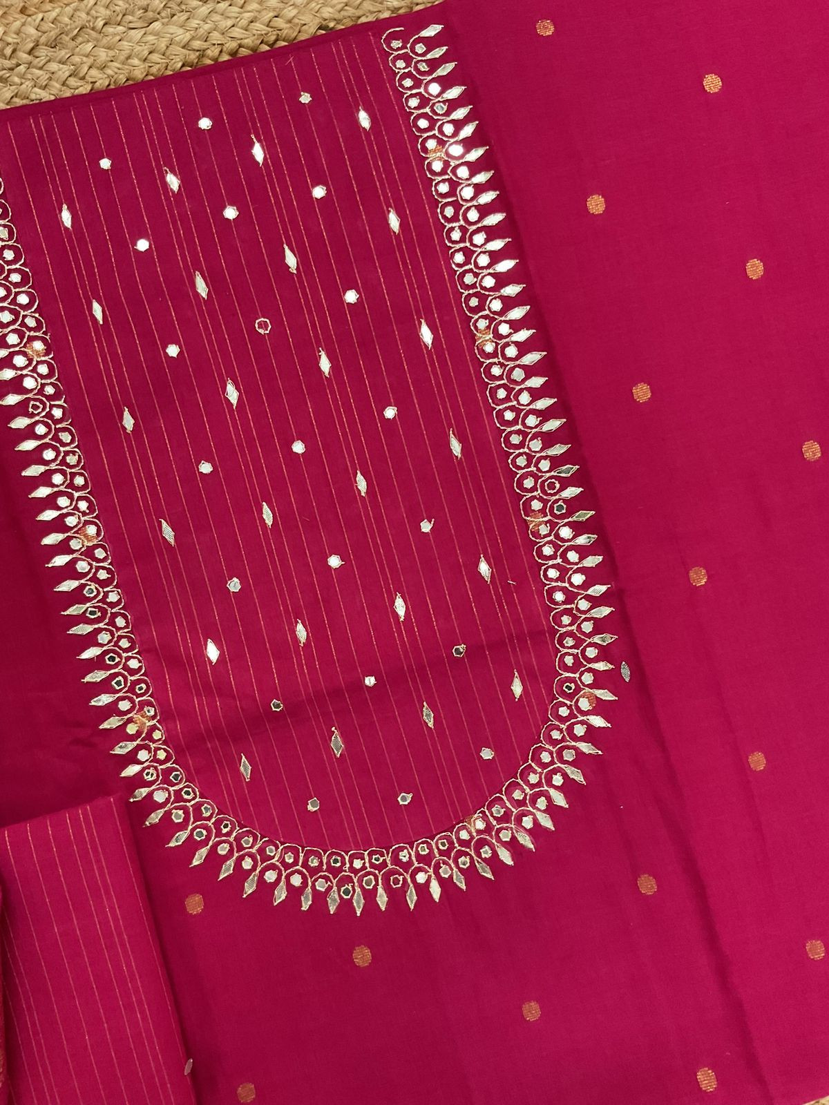 Pure Handloom Cotton Self Weaved Embroidered Suit - Pink