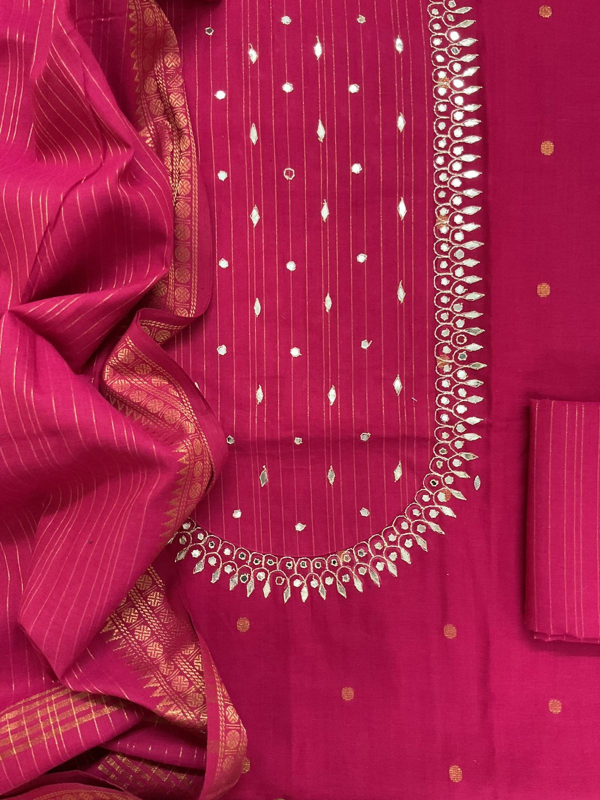 Pure Handloom Cotton Self Weaved Embroidered Suit - Pink