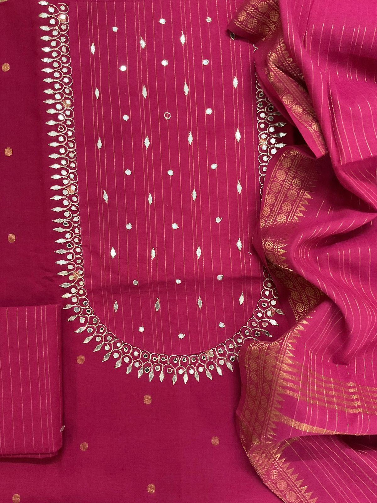 Pure Handloom Cotton Self Weaved Embroidered Suit - Pink
